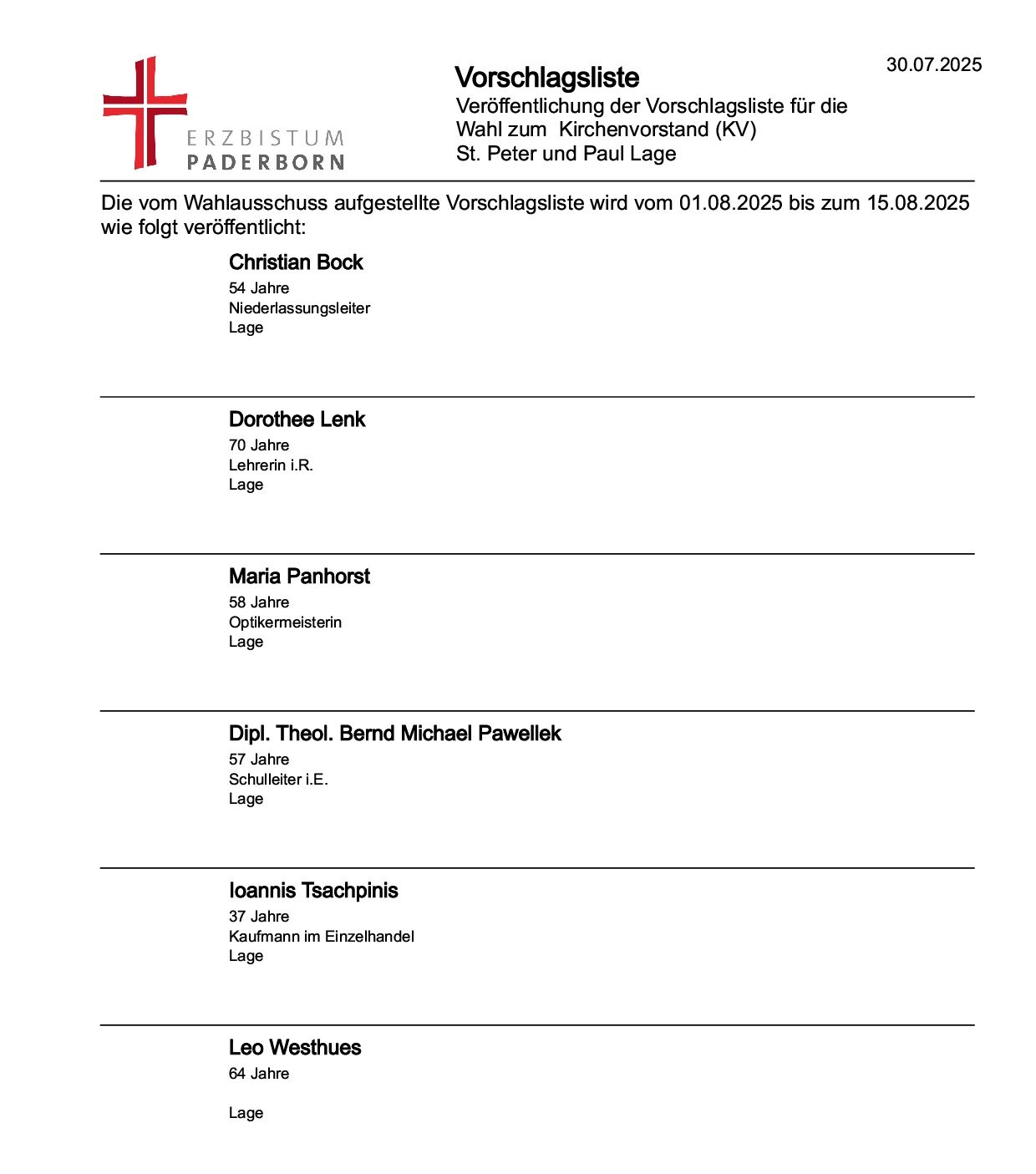 Kirchenvorstand St. Peter und Paul Lage