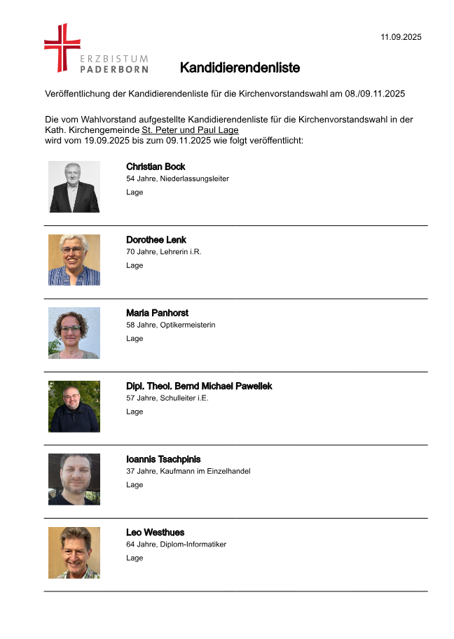 Kandidatenliste Kirchenvorstand St. Peter und Paul Lage