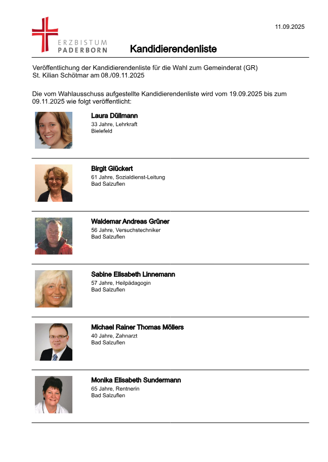 Kandidatenliste Gemeinderat St. Kilian Schötmar