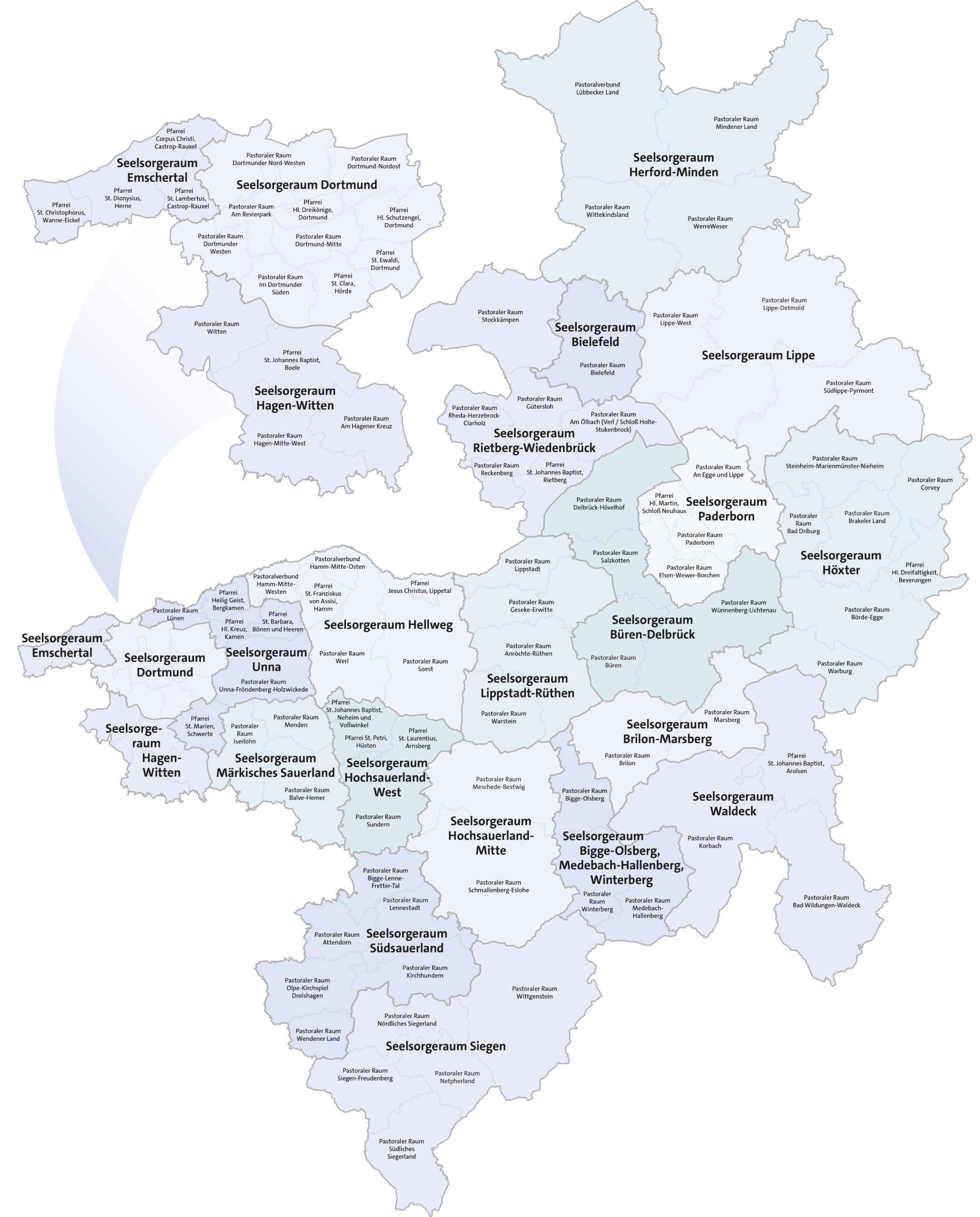Karte des Erzbistums Paderborn mit den neuen Seelsorgeräumen.